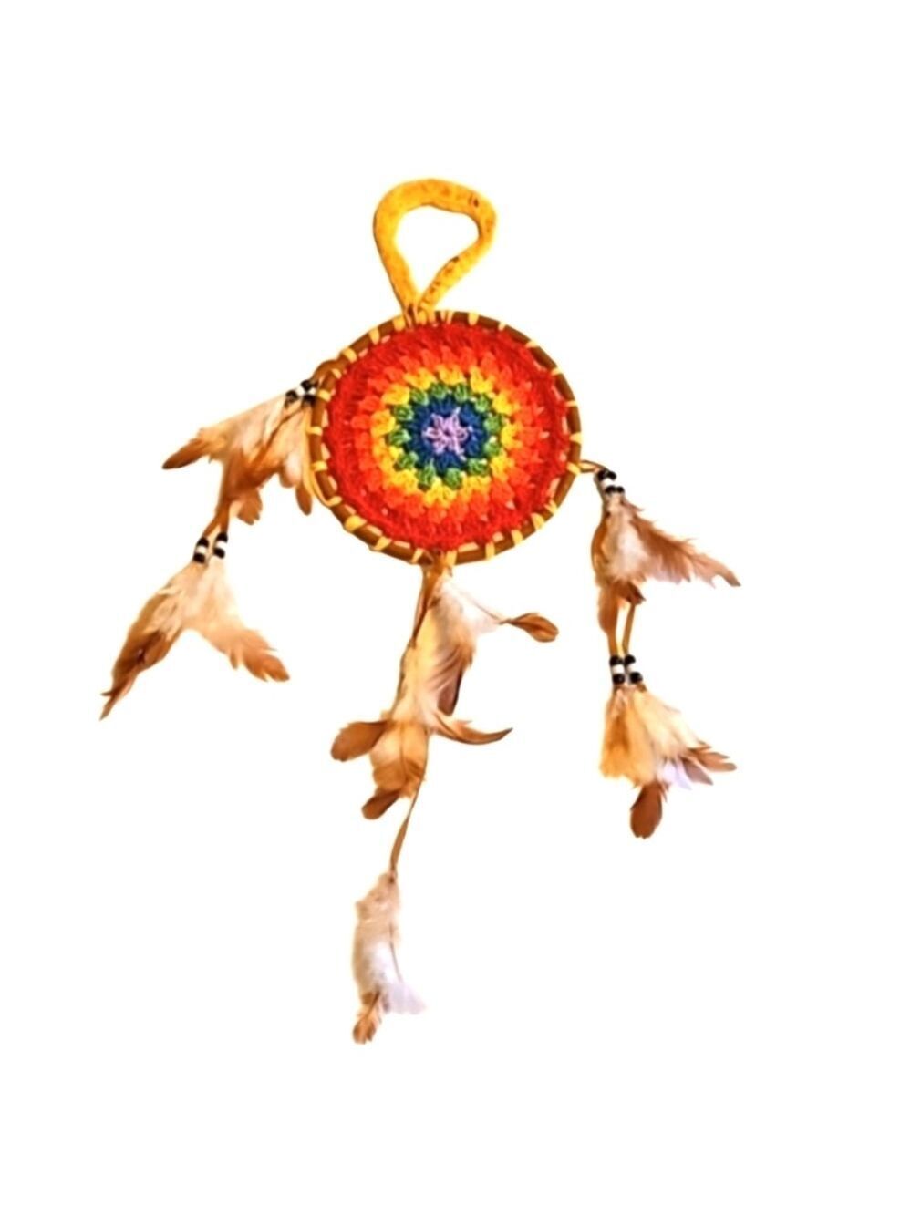 Hand Crafted crochet dream catcher rainbow colors textile art handmade holiday